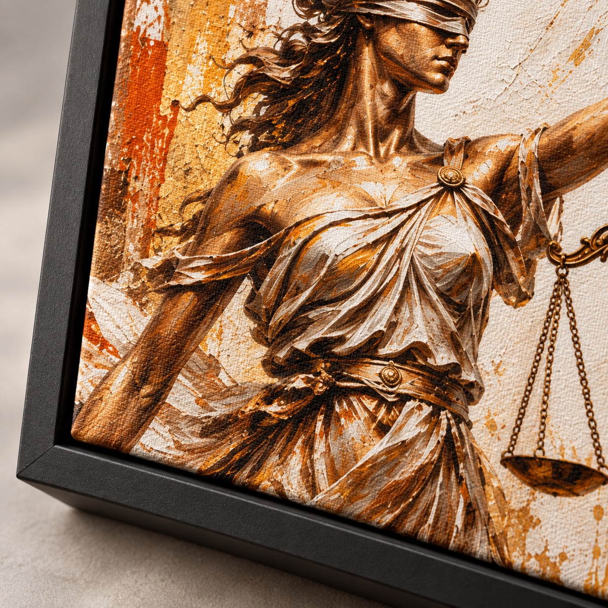 Quadro Deusa da Justiça Dourada com Balança e Espada