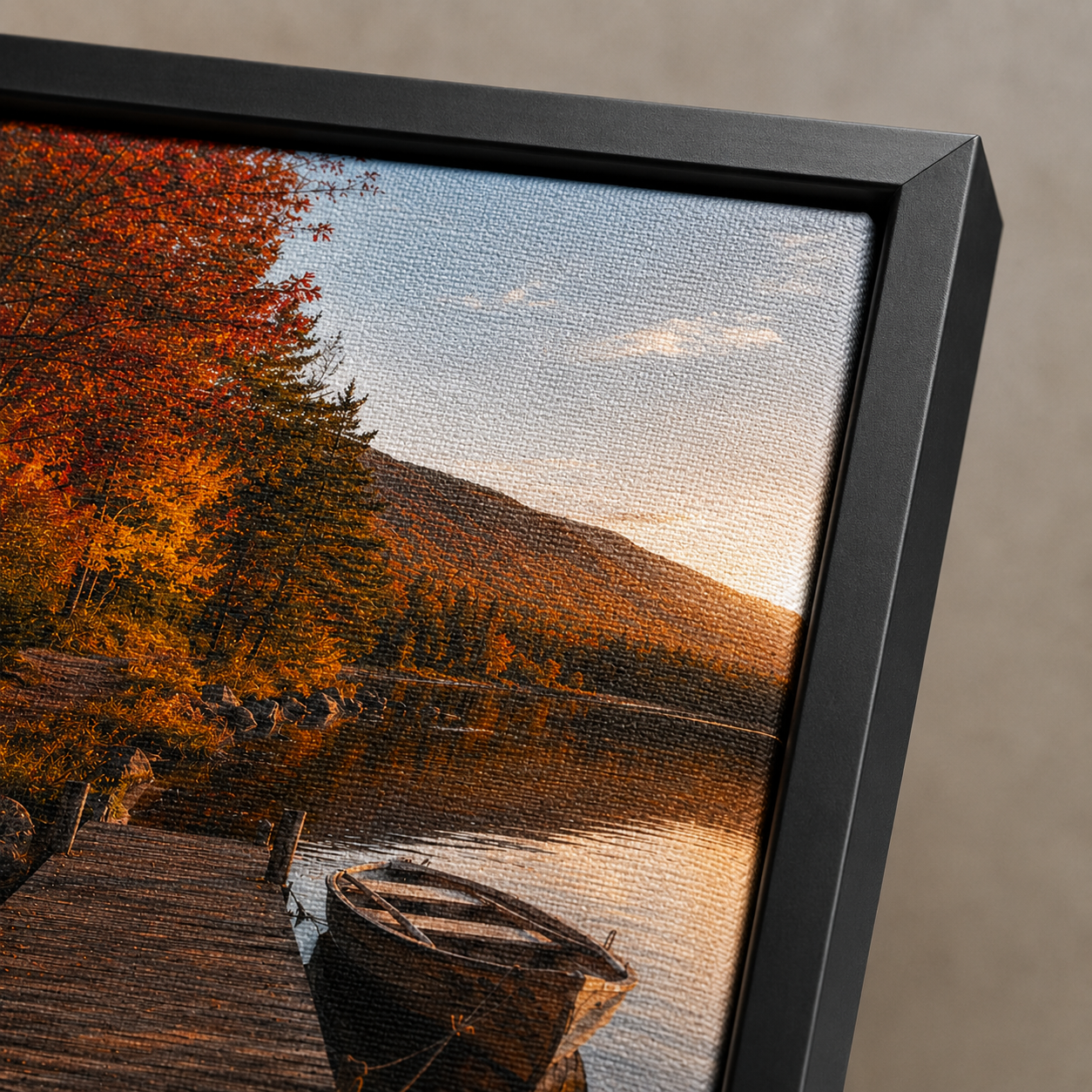 Quadro Outono no Lago com Barco e Píer