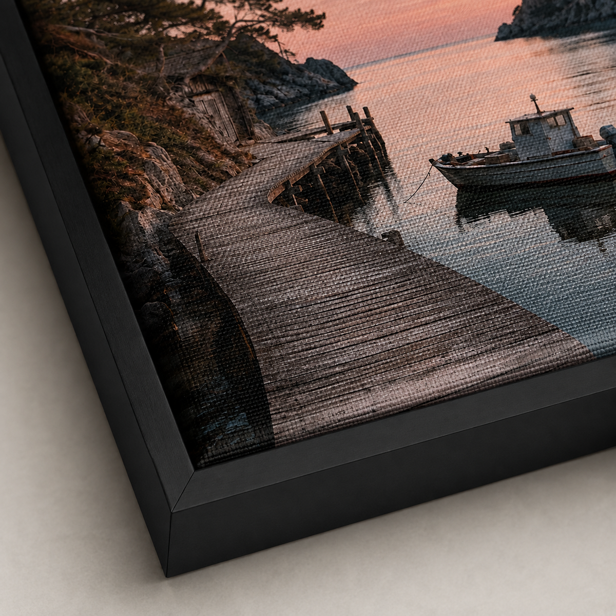 Quadro Costeira com Barco ao Pôr do Sol