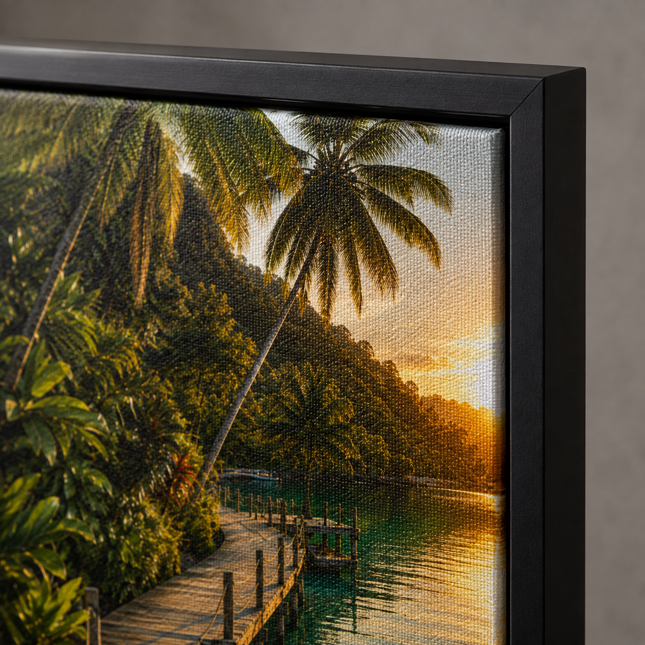 Quadro Tropical com Barco e Píer ao Pôr do Sol