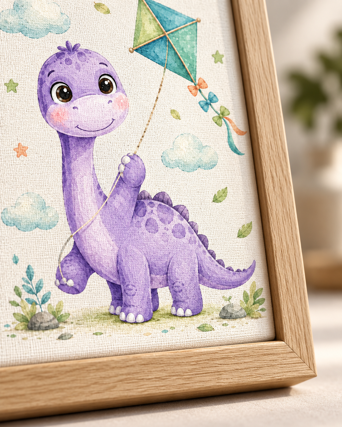 Quadro Dinossauro com Pipa em Aquarela