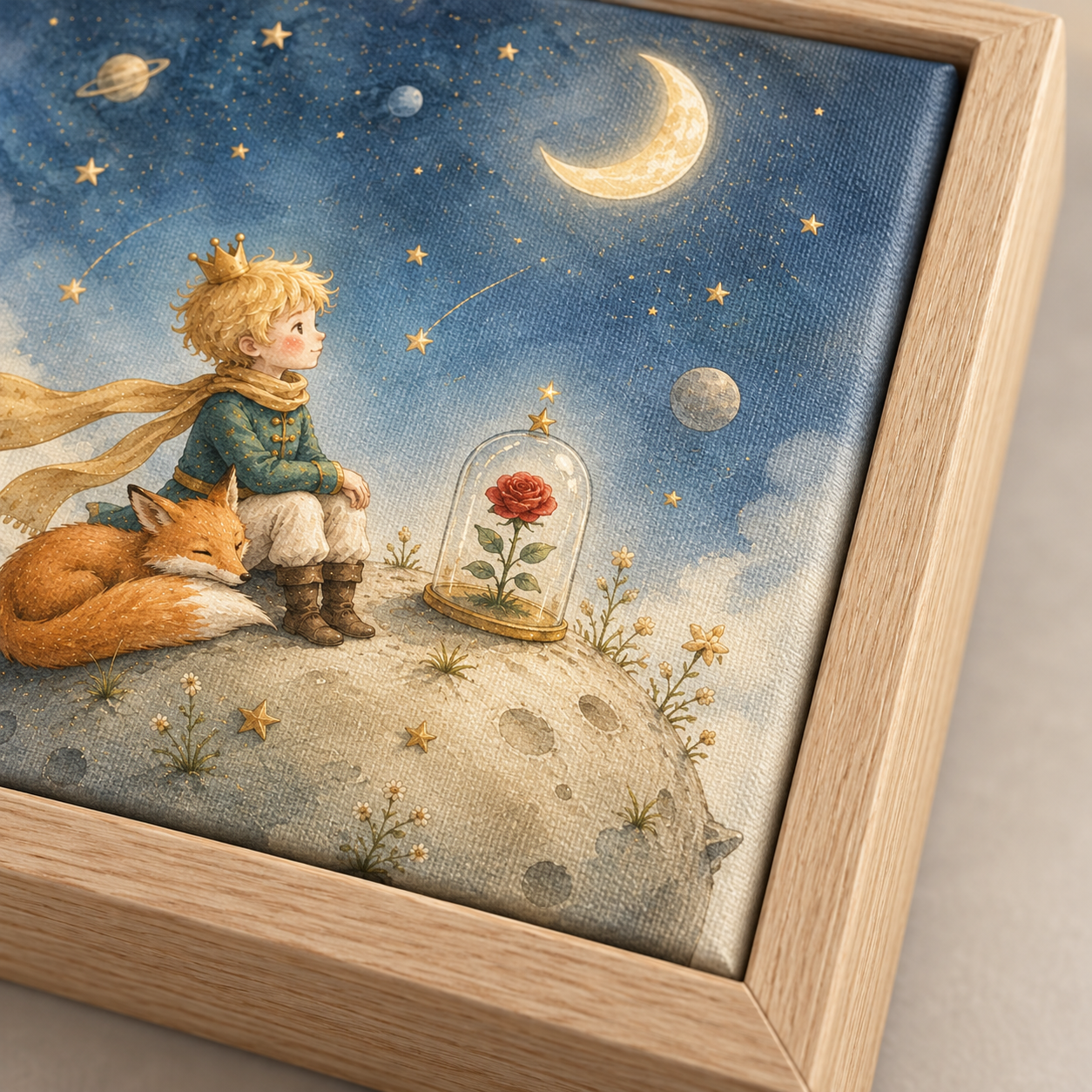 Quadro Pequeno Príncipe com Raposa e Rosa sob a Lua