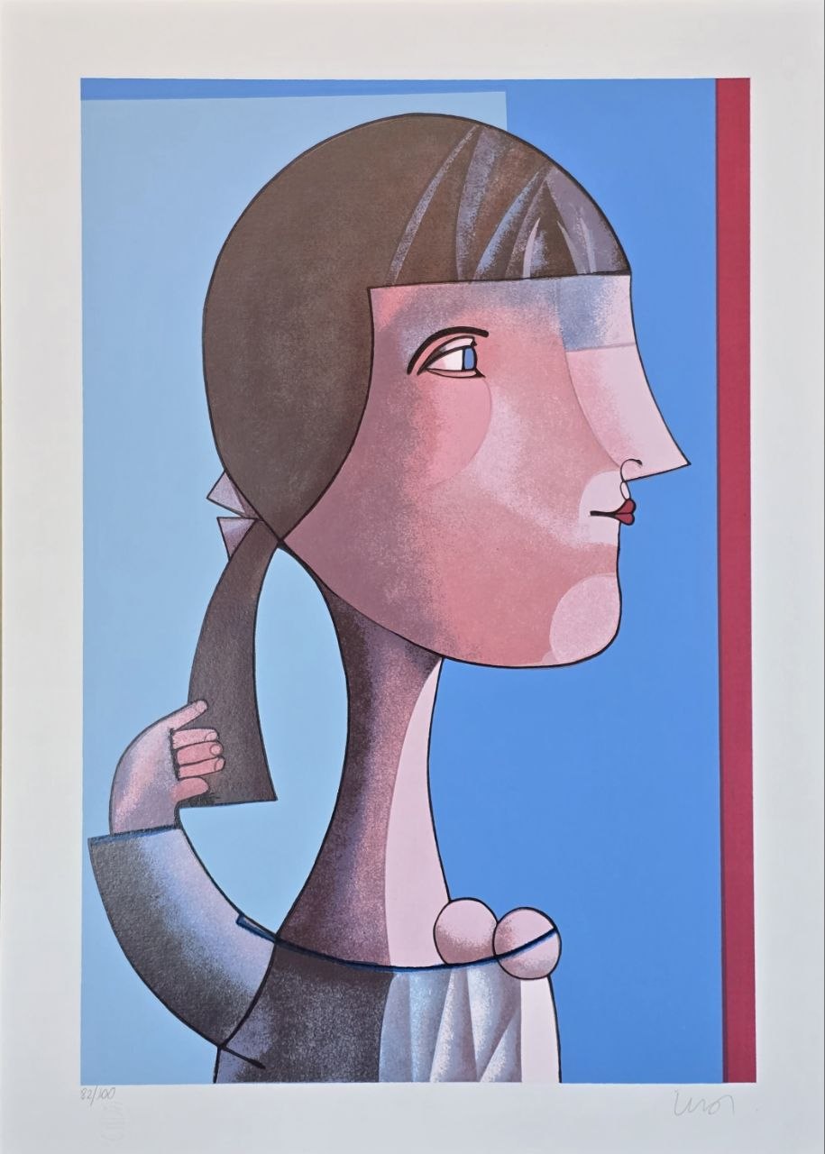 Gravura assinada Abstrato menina pegando no cabelo Inos Corradin 82/100 70x50