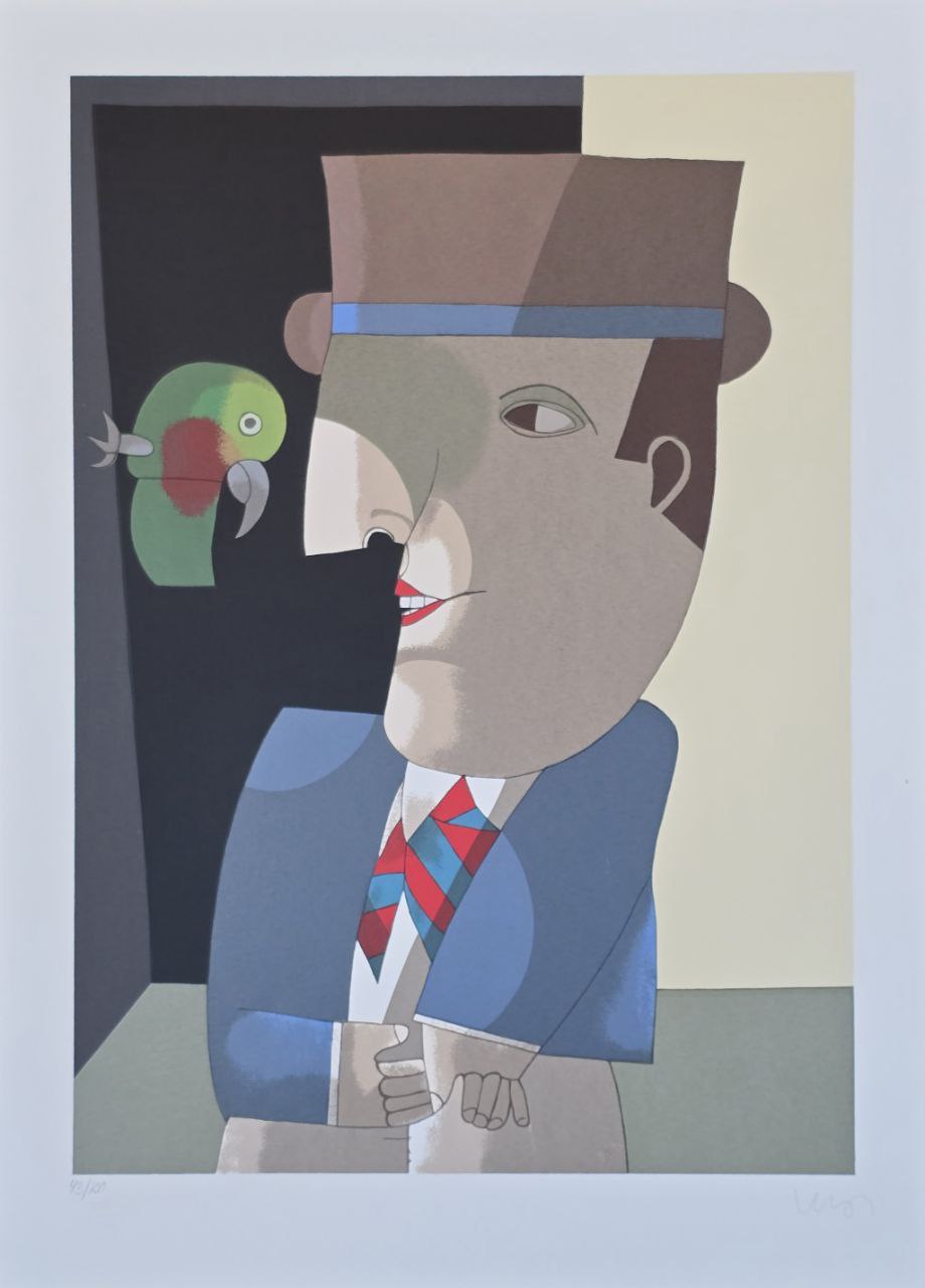 Gravura assinada Abstrato Homem com papagaio Inos Corradin 43/100 66x48