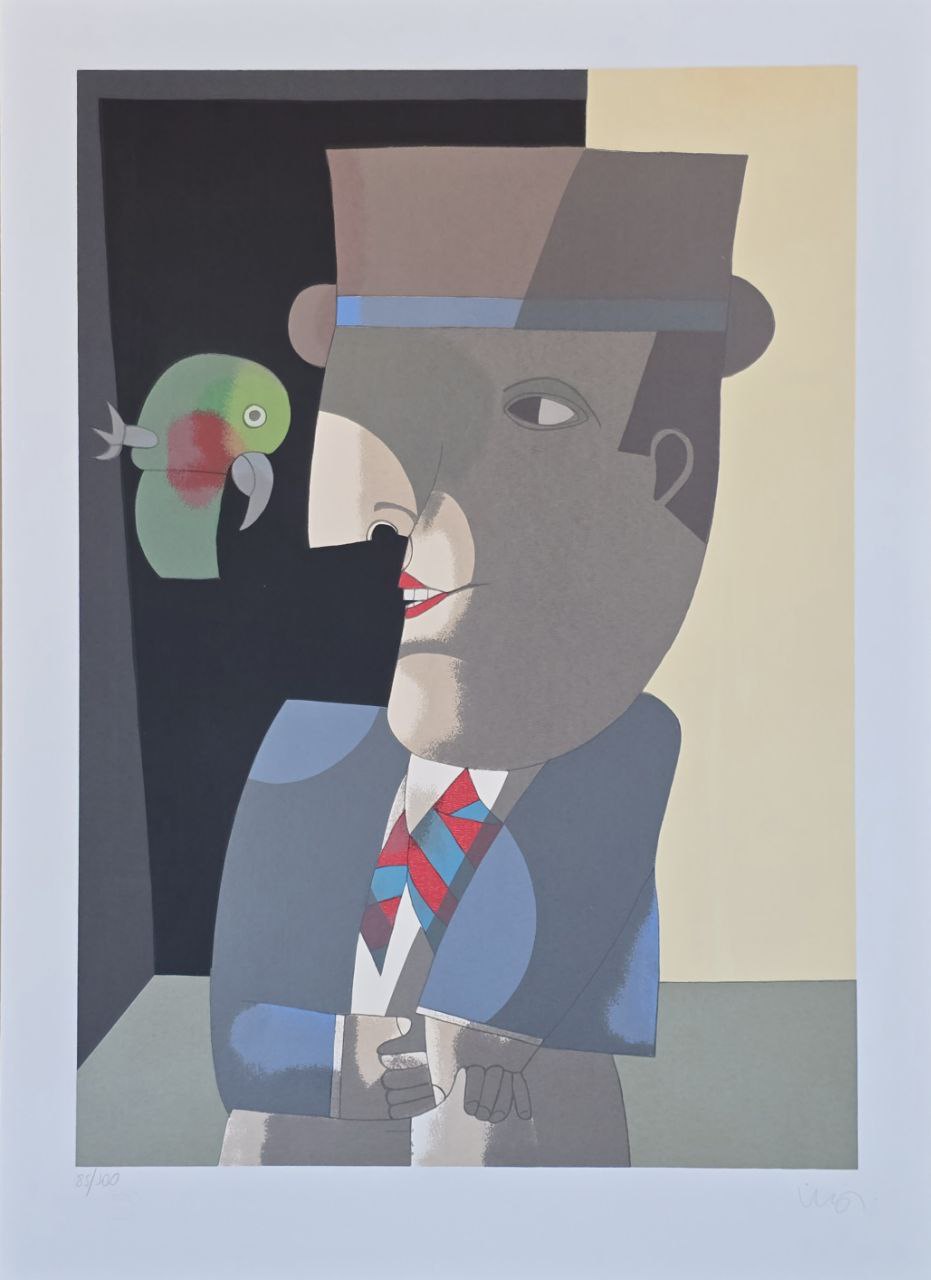 Gravura assinada Abstrato Homem com papagaio Inos Corradin 85/100 66x48