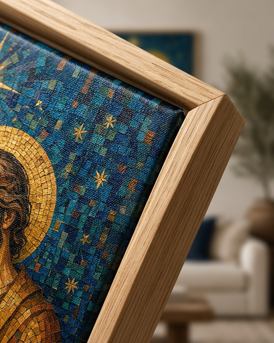Quadro Sagrada Família em Mosaico Azul e Dourado