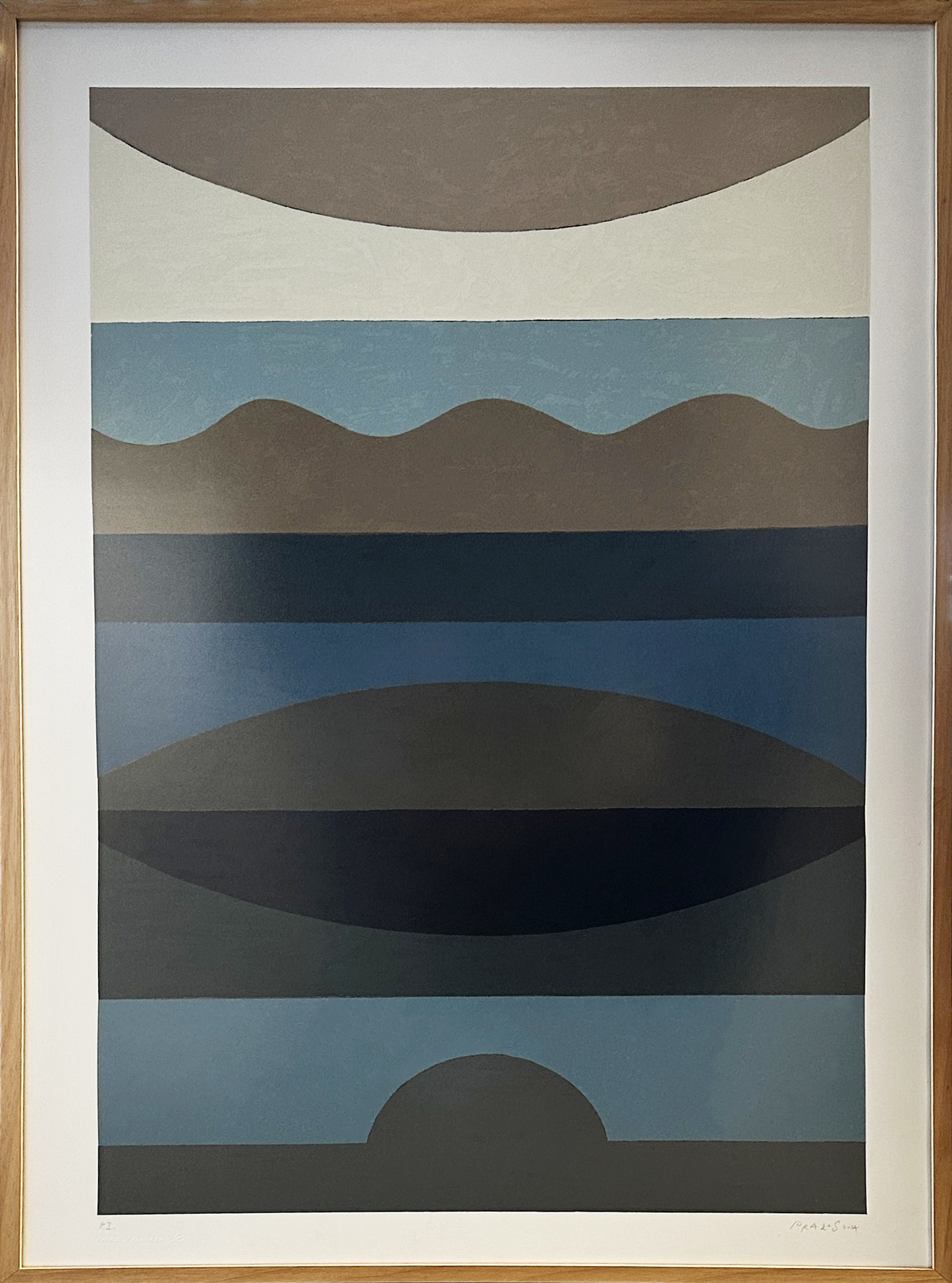 Quadro Pronto com Gravura Assinada - Tela abstrato horizontais azul, cinza, azul escuro (Jaime Prades) 102x74 PI