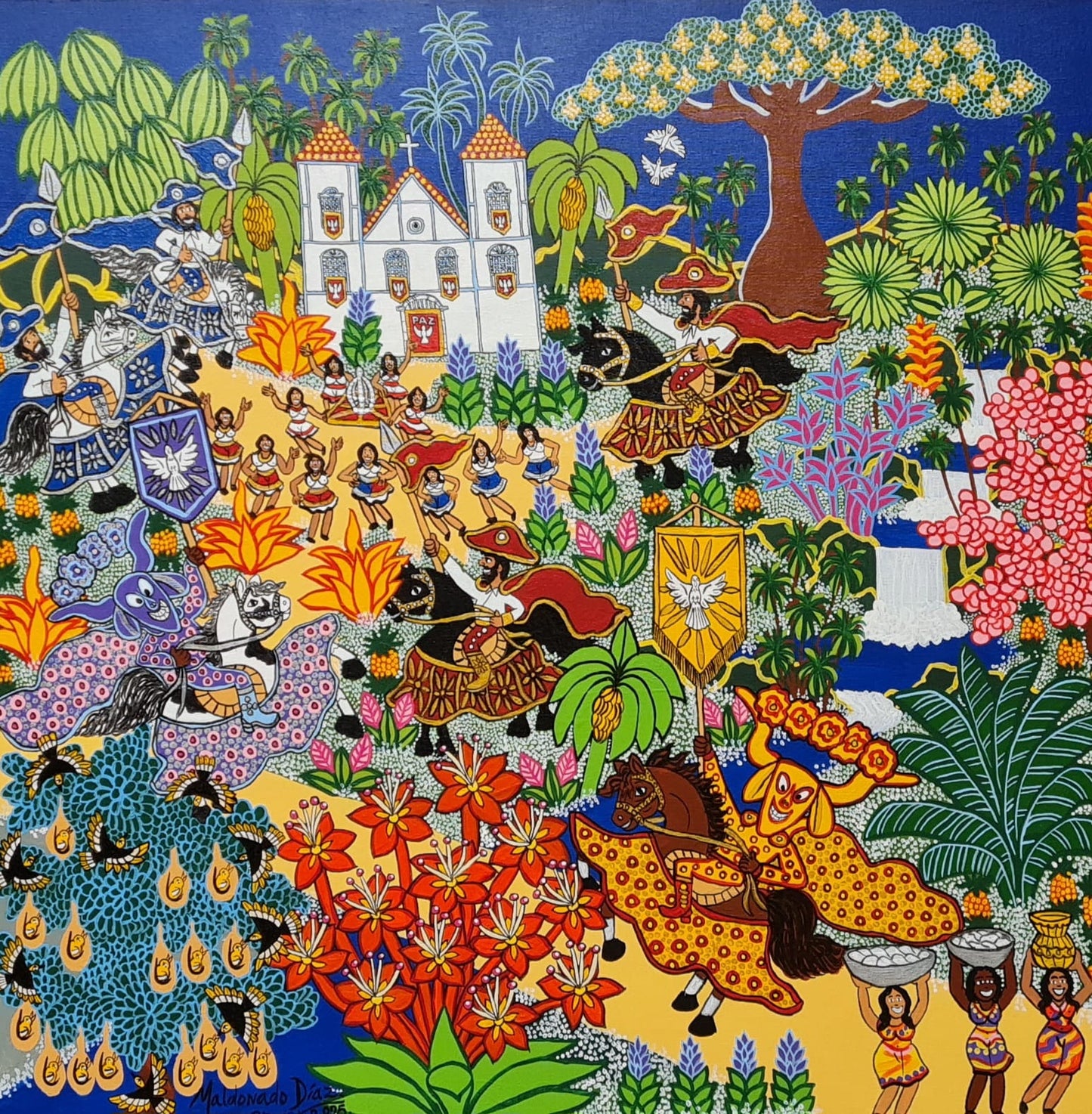 Quadro Pronto Original Pirenópolis Celebrando as Cavalhadas – Festa do Divino Espírito Santo Ramón Maldonado Díaz Acrílico 75x75 cm