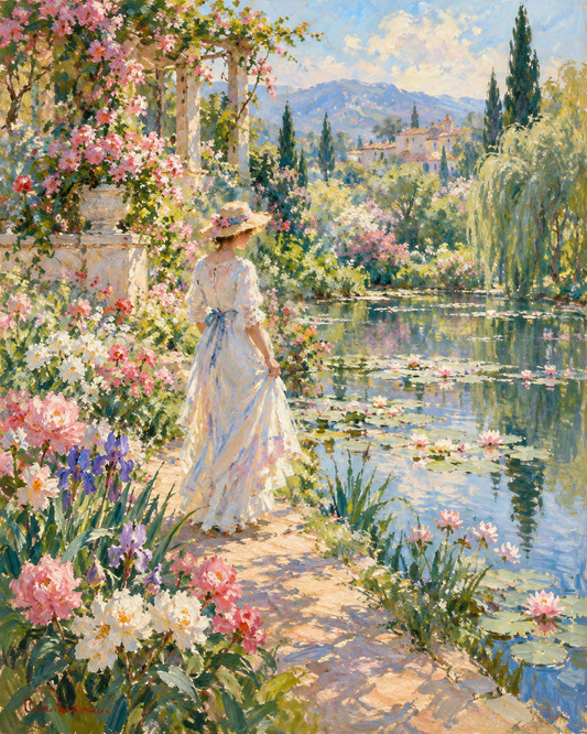 Quadro Jardim com Lago de Lírios e Paisagem Impressionista