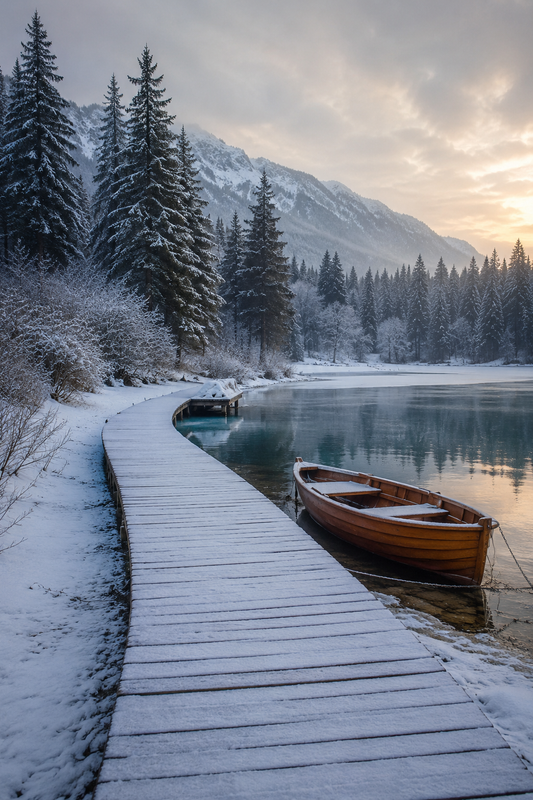 Quadro Inverno com Lago, Barco e Montanhas