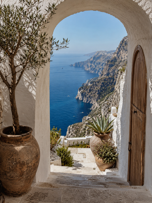 Quadro Paisagem Mediterrânea com Arco e Mar Azul