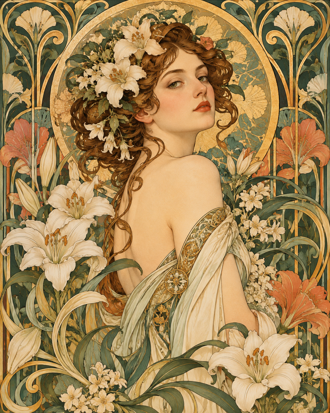 Quadro Mulher Floral Art Nouveau