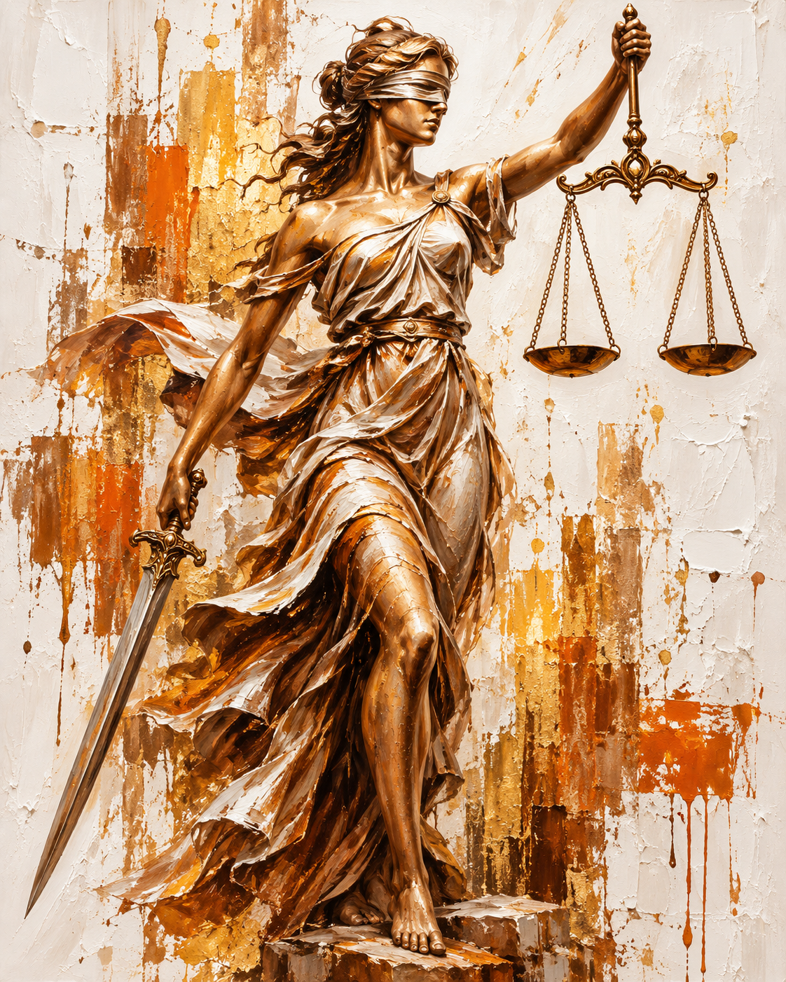 Quadro Deusa da Justiça Dourada com Balança e Espada