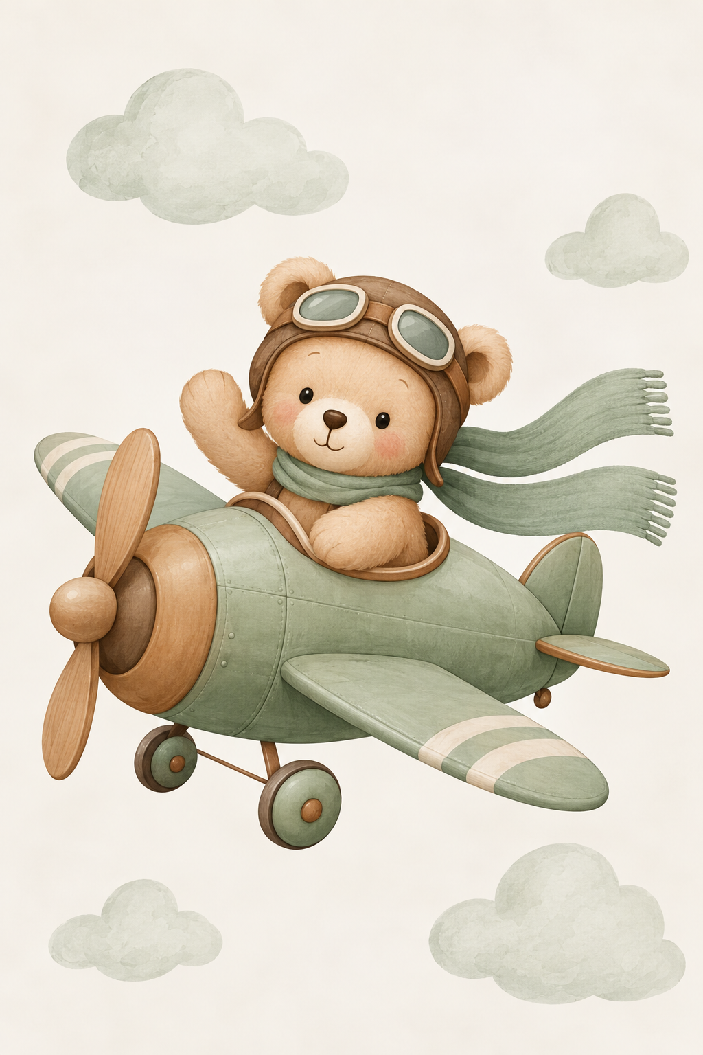 Quadro Infantil Ursinho Aviador no Avião Verde