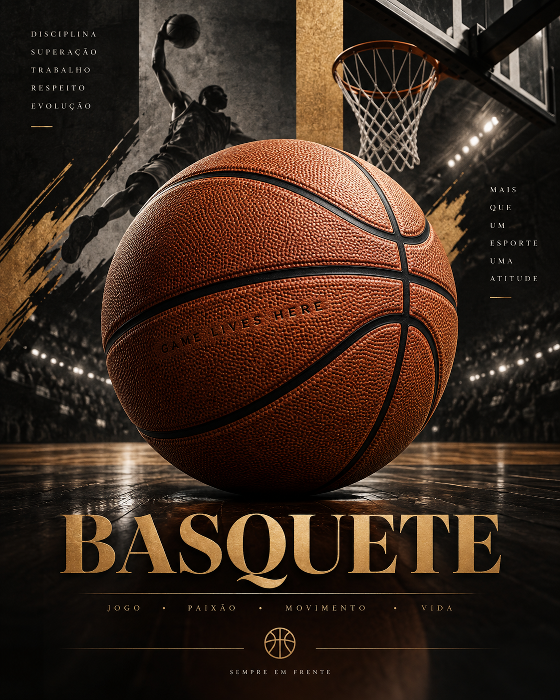 Quadro Basquete com Bola, Cesta e Atleta