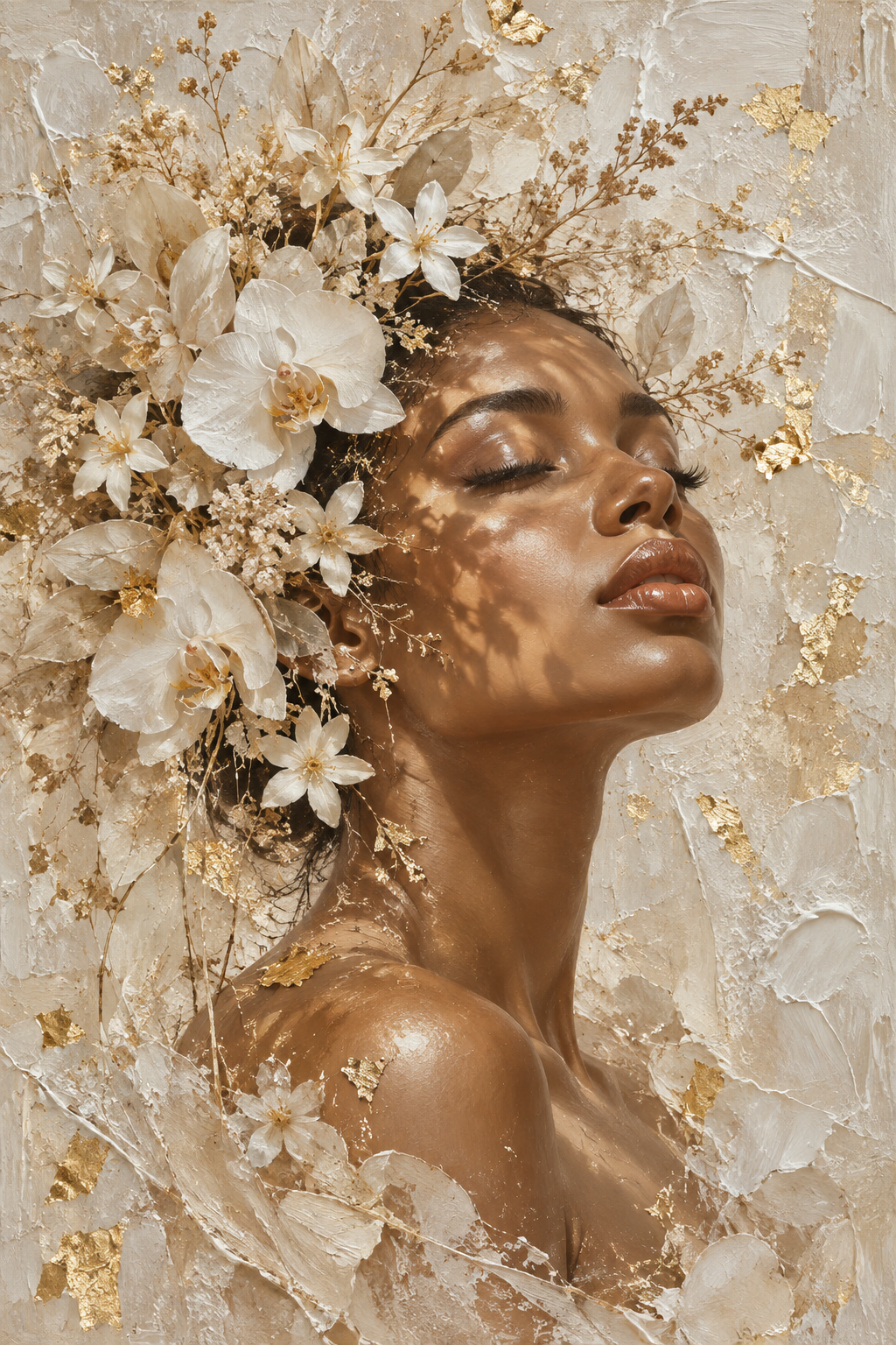 Quadro Mulher Negra com Flores Brancas e Dourado