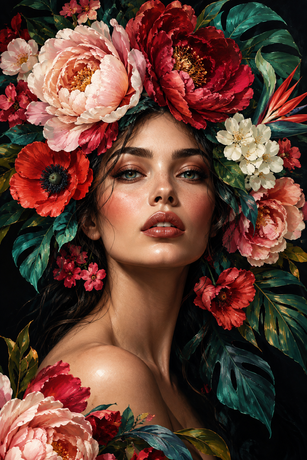 Quadro Mulher com Flores Vermelhas e Rosadas