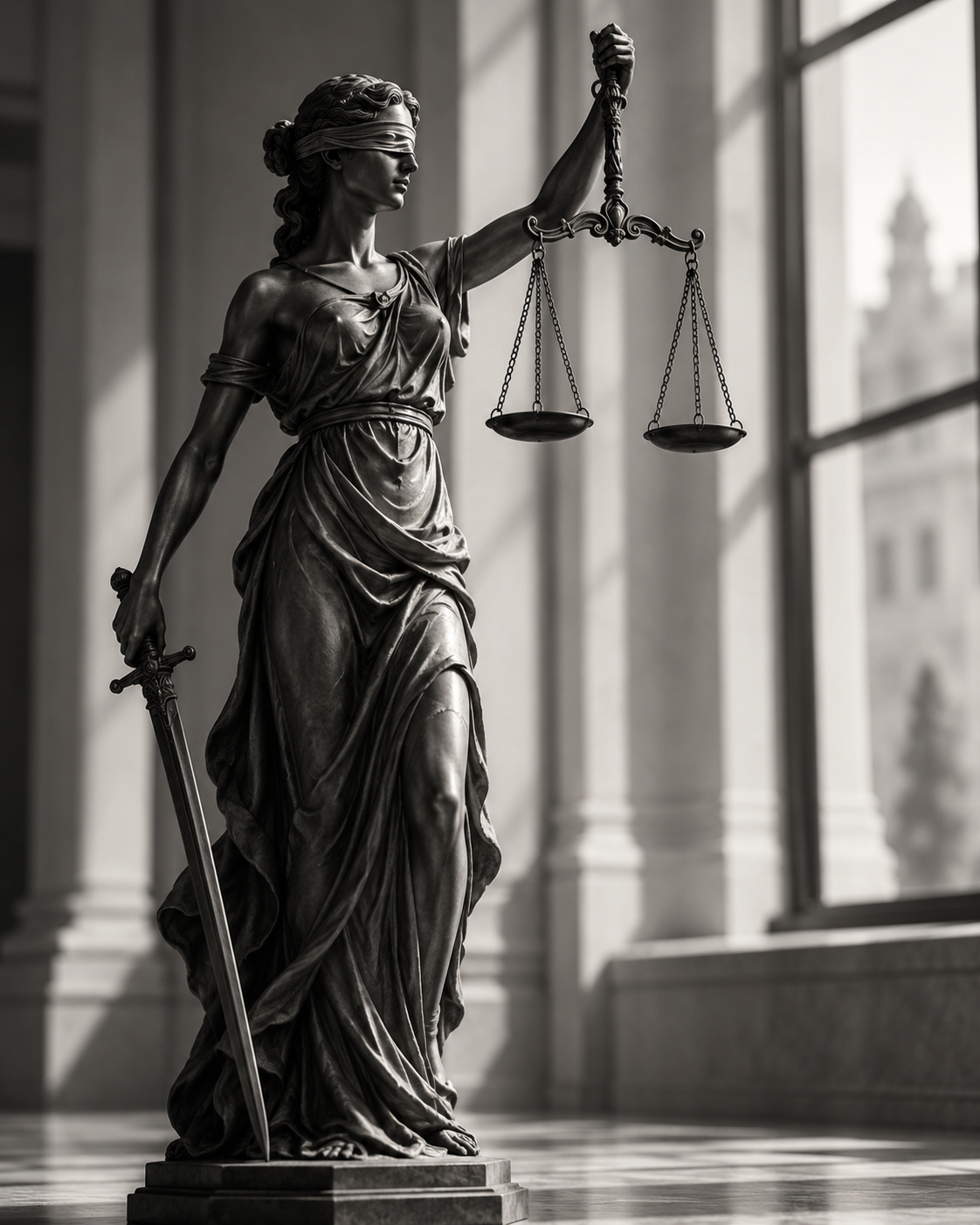 Quadro Deusa da Justiça em Preto e Branco com Balança e Espada