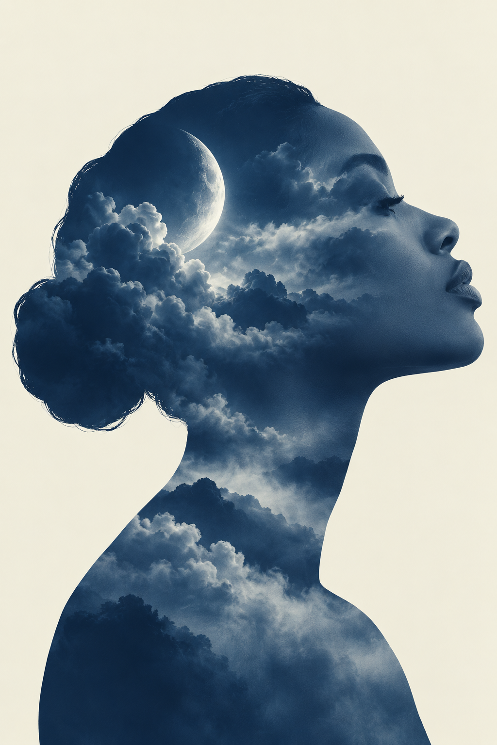 Quadro Mulher, Lua e Nuvens em Dupla Exposição