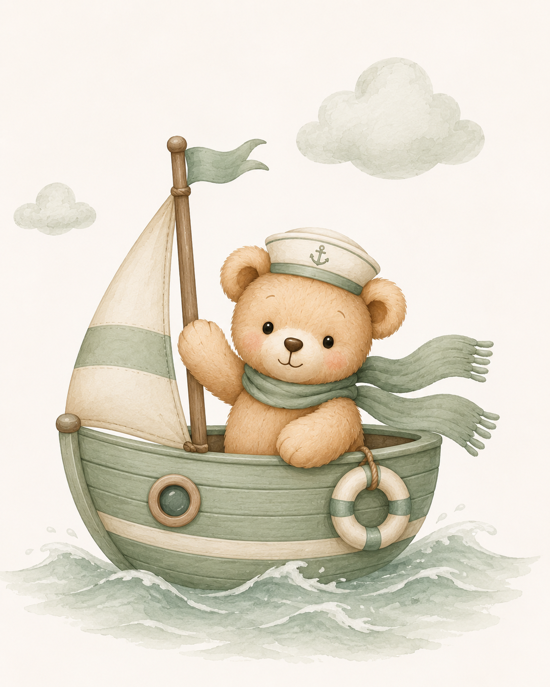 Quadro Infantil Ursinho Marinheiro no Barquinho Verde