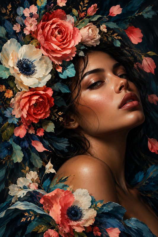 Quadro Mulher entre Flores Coral e Azul