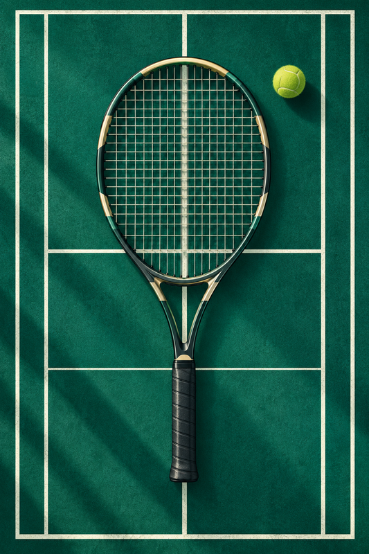 Quadro Tênis com Raquete e Bola em Quadra Verde