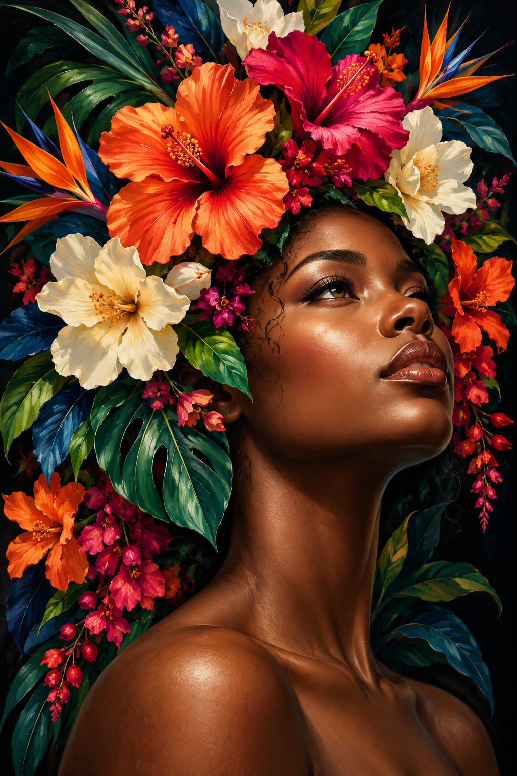 Quadro Mulher com Hibiscos Tropicais