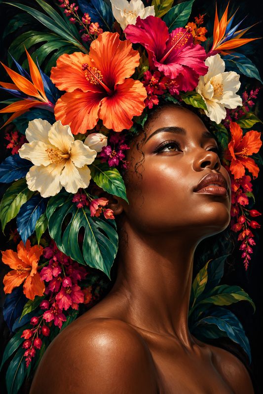 Quadro Mulher com Hibiscos Tropicais