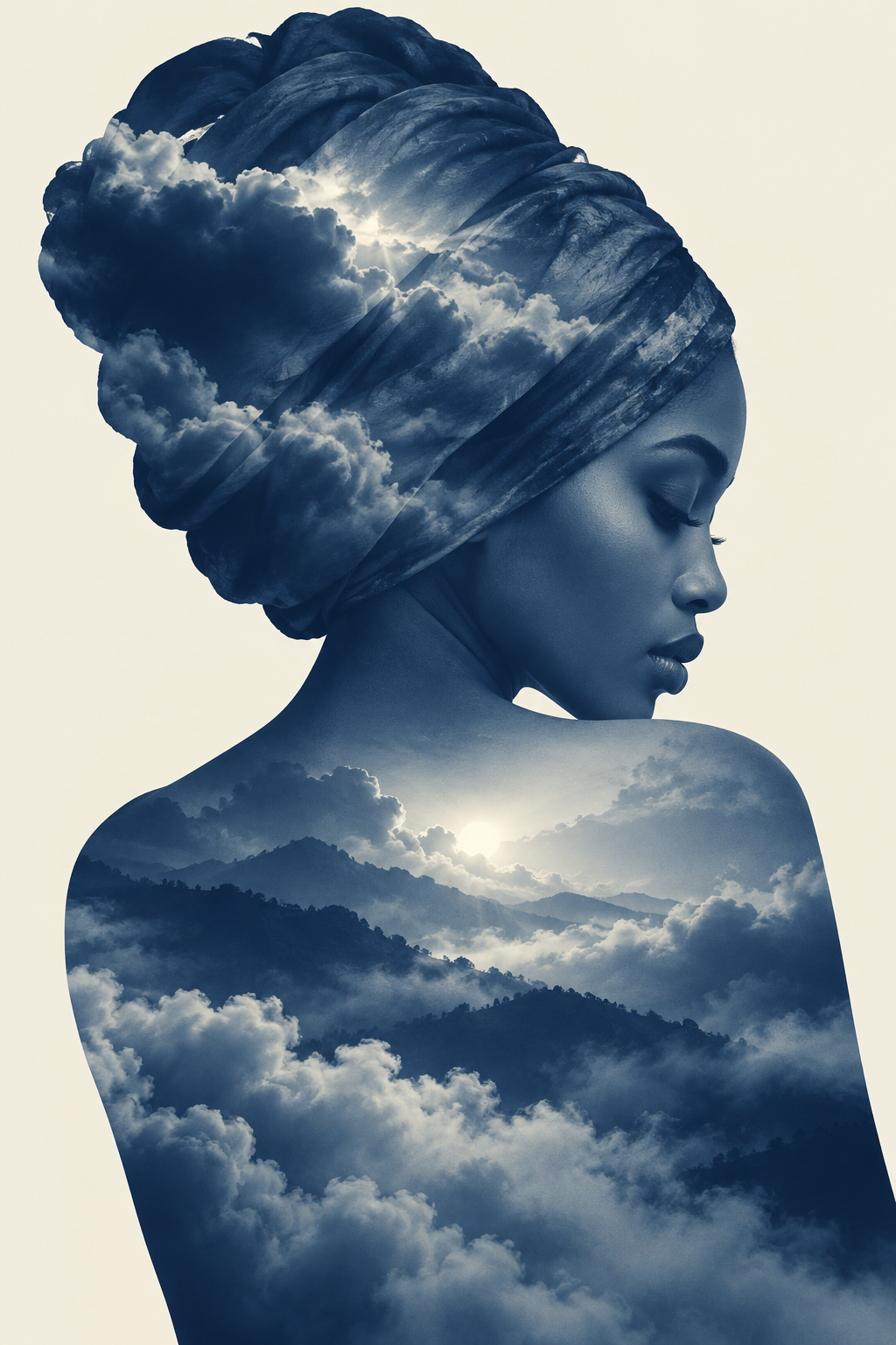 Quadro Mulher com Turbante, Nuvens e Montanhas