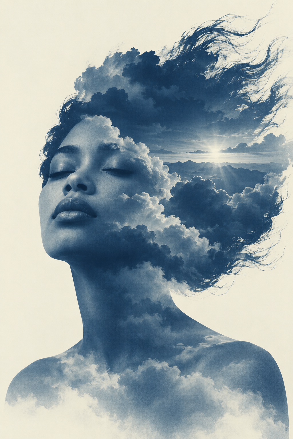 Quadro Mulher com Nuvens e Horizonte Azul