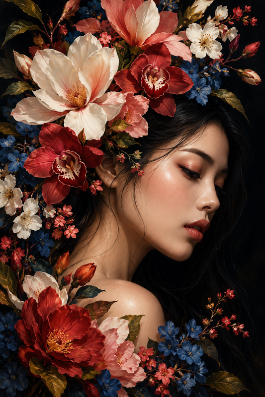 Quadro Mulher com Flores Vermelhas e Azuis