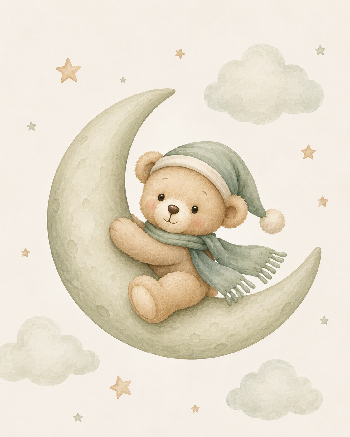 Quadro Infantil Ursinho na Lua em Aquarela