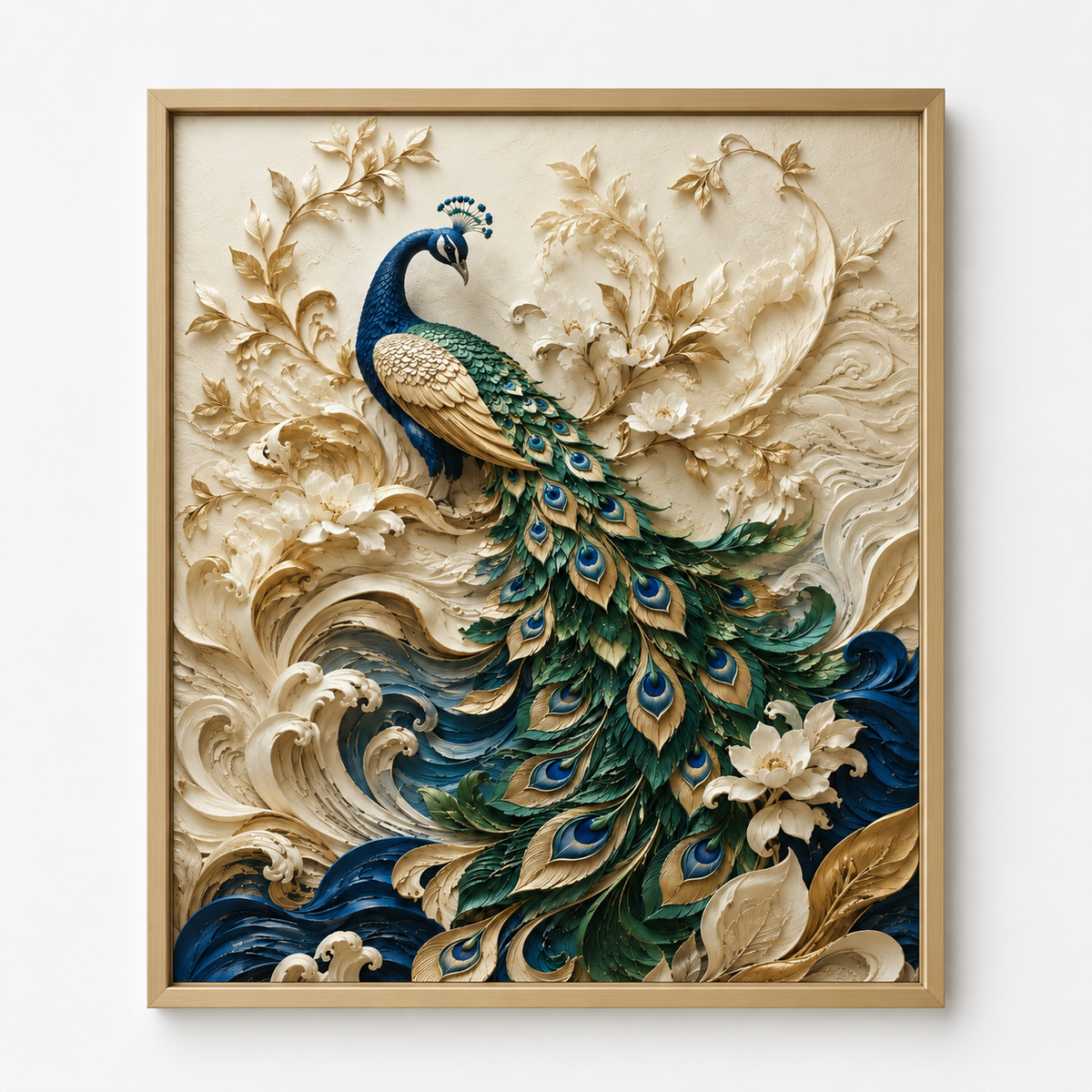 Quadro Pavão entre Ondas Douradas