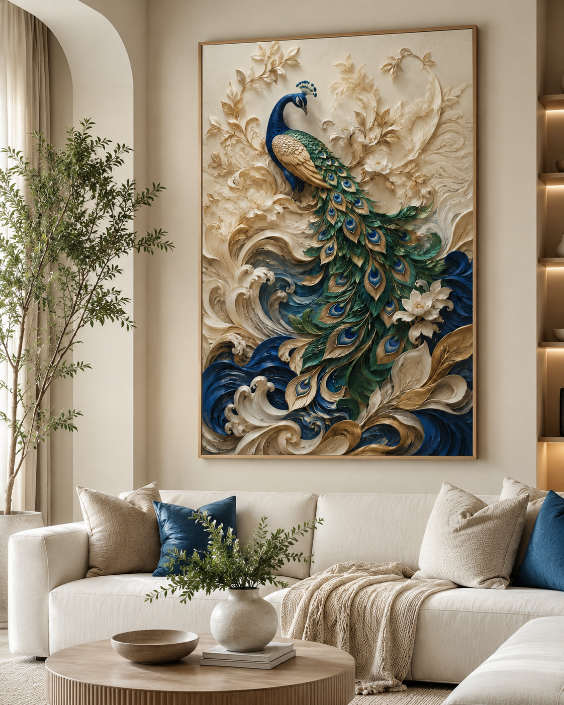 Quadro Pavão entre Ondas Douradas