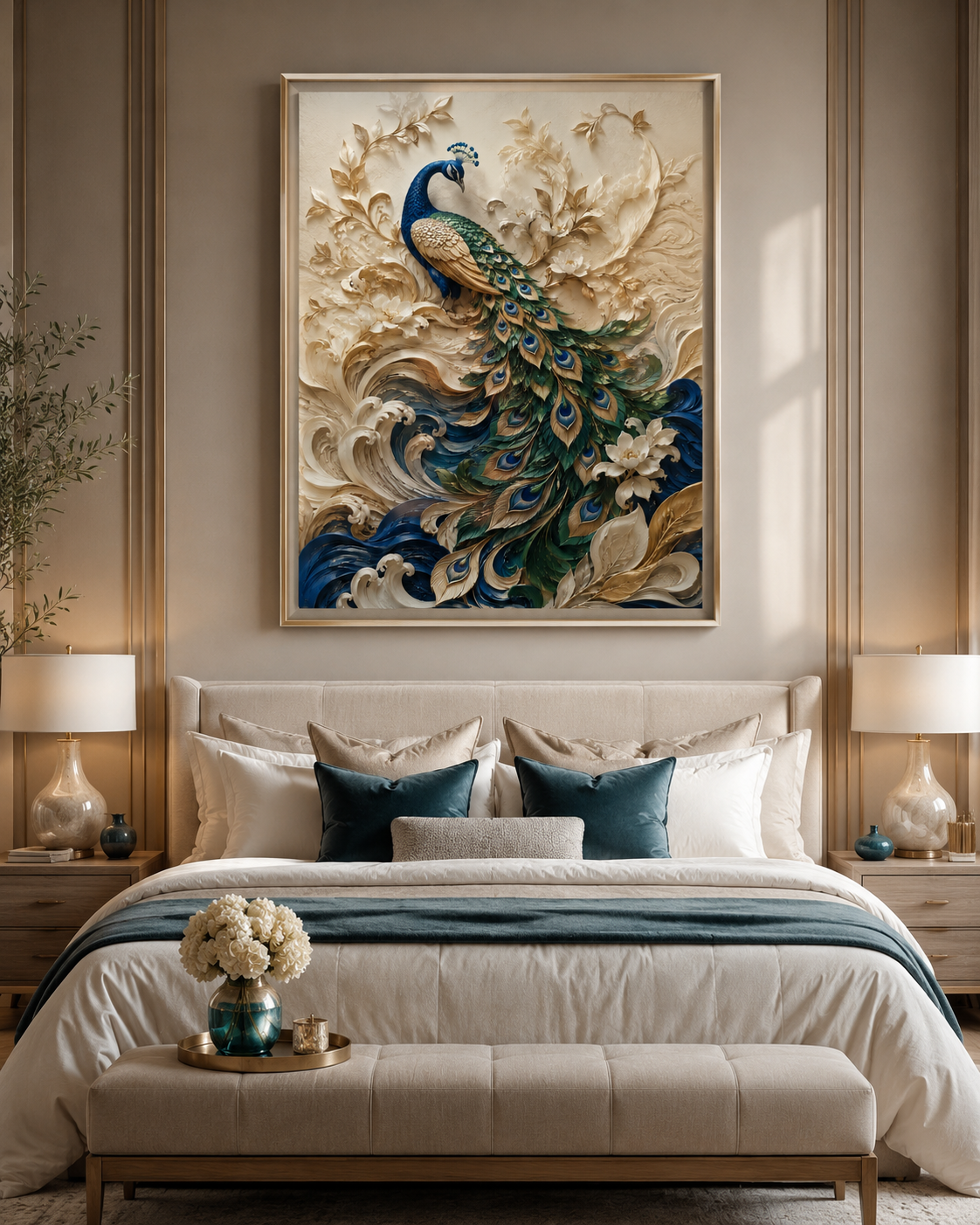 Quadro Pavão entre Ondas Douradas