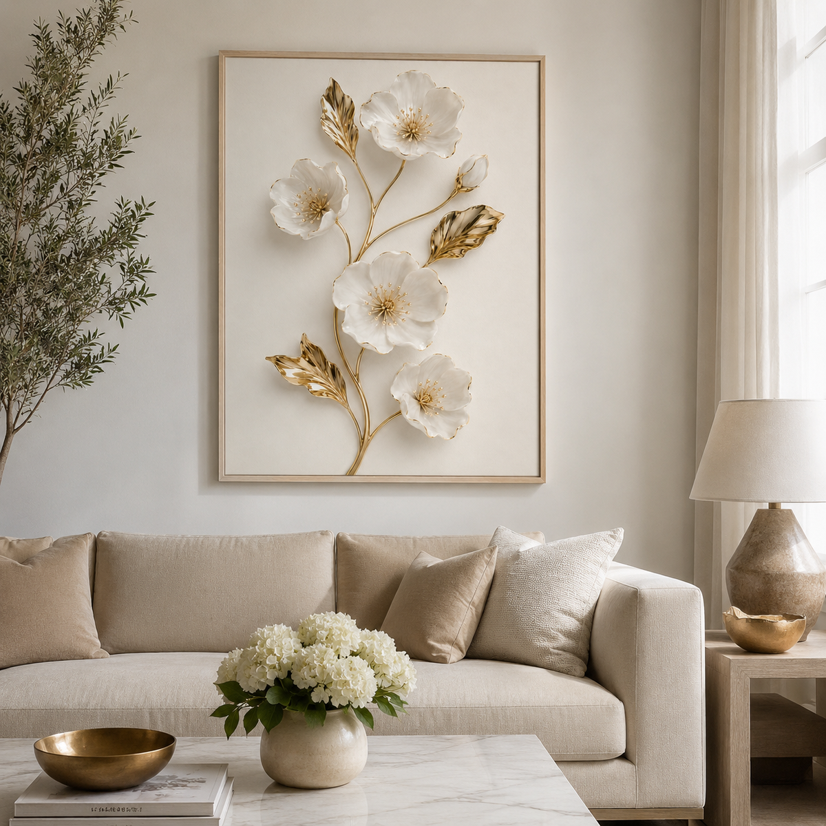 Quadro Flores de Marfim e Ouro