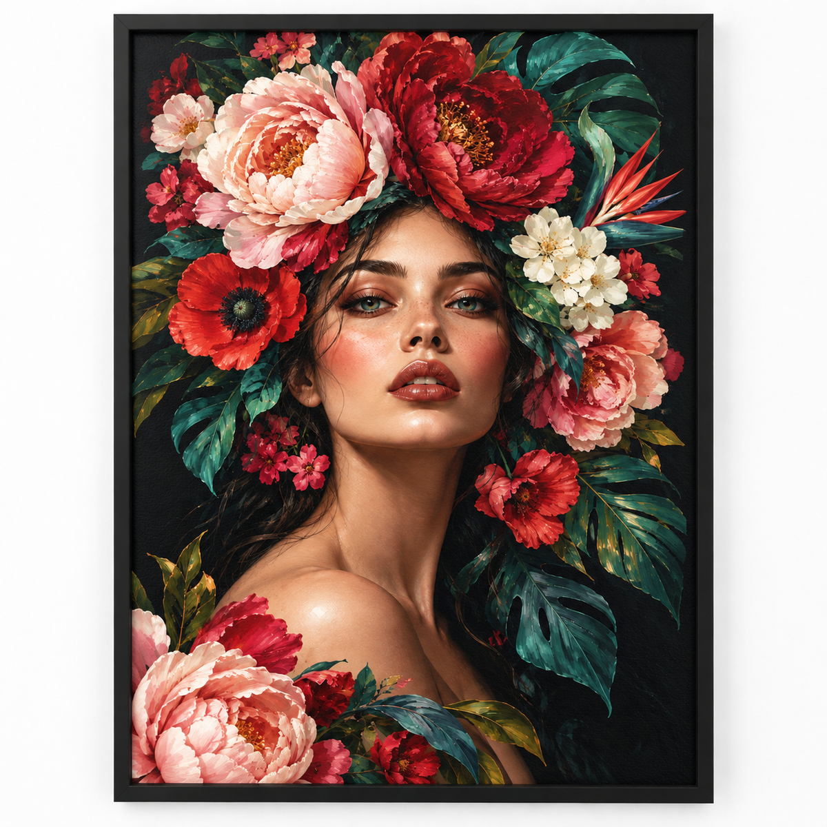 Quadro Mulher com Flores Vermelhas e Rosadas