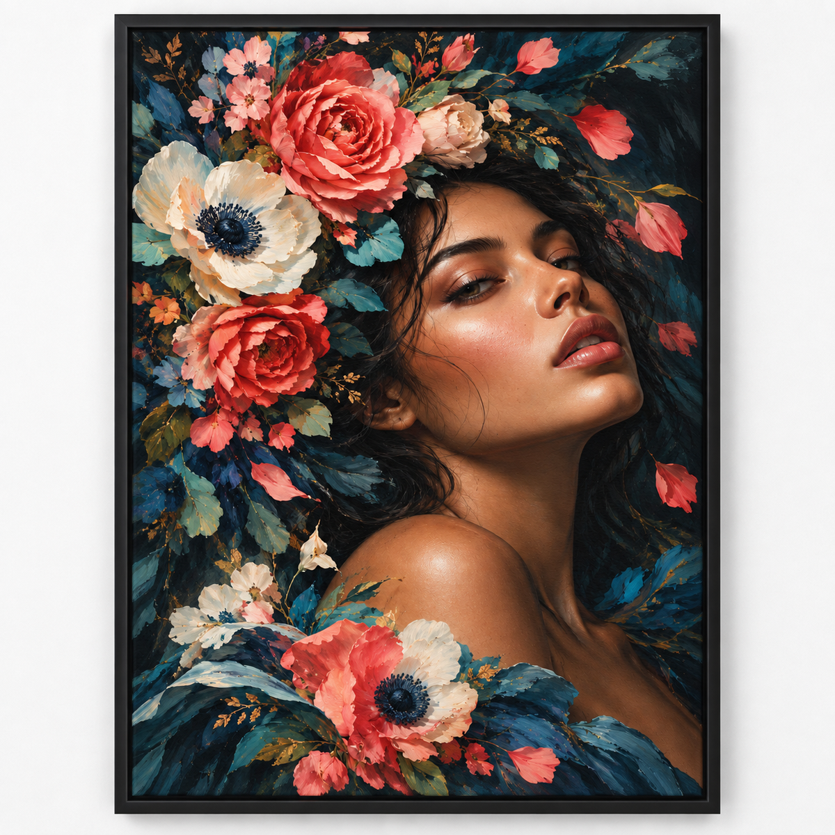 Quadro Mulher entre Flores Coral e Azul