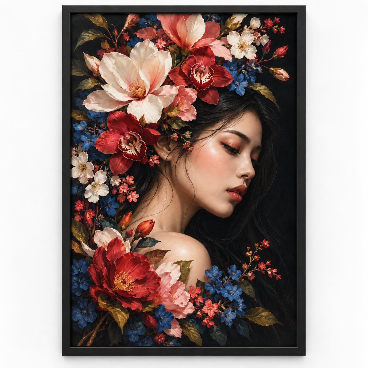 Quadro Mulher com Flores Vermelhas e Azuis
