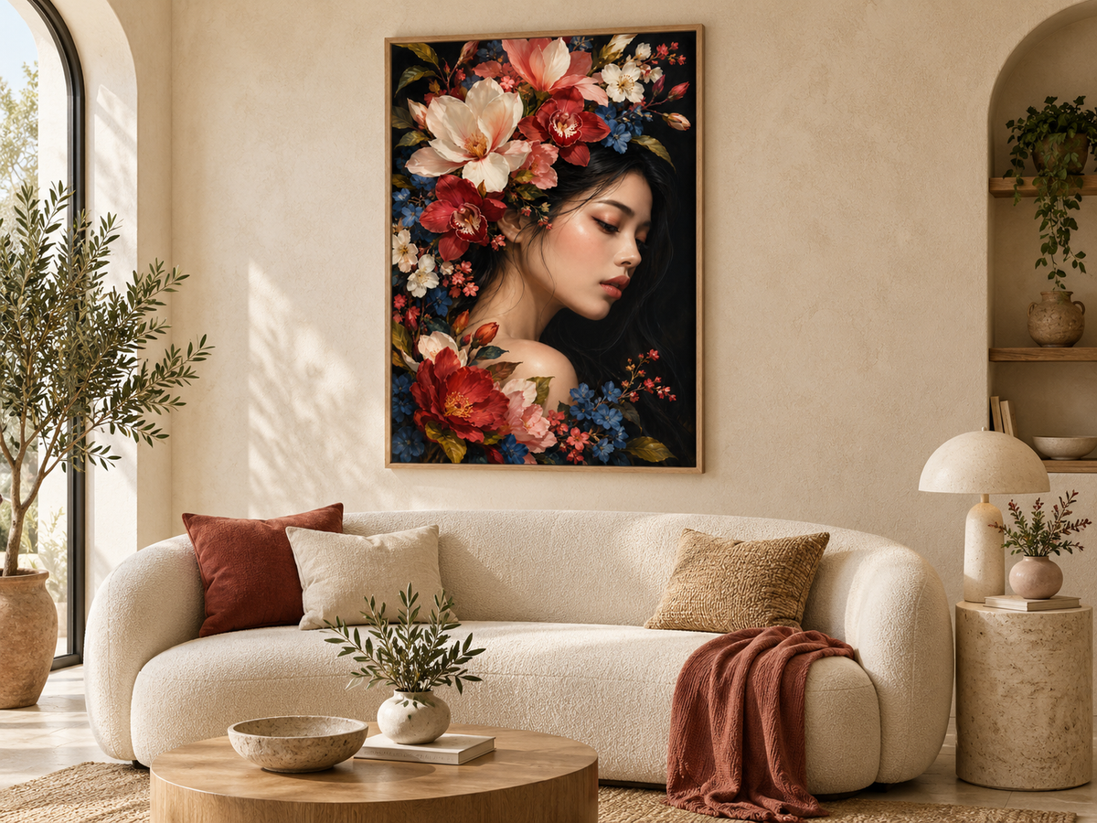 Quadro Mulher com Flores Vermelhas e Azuis