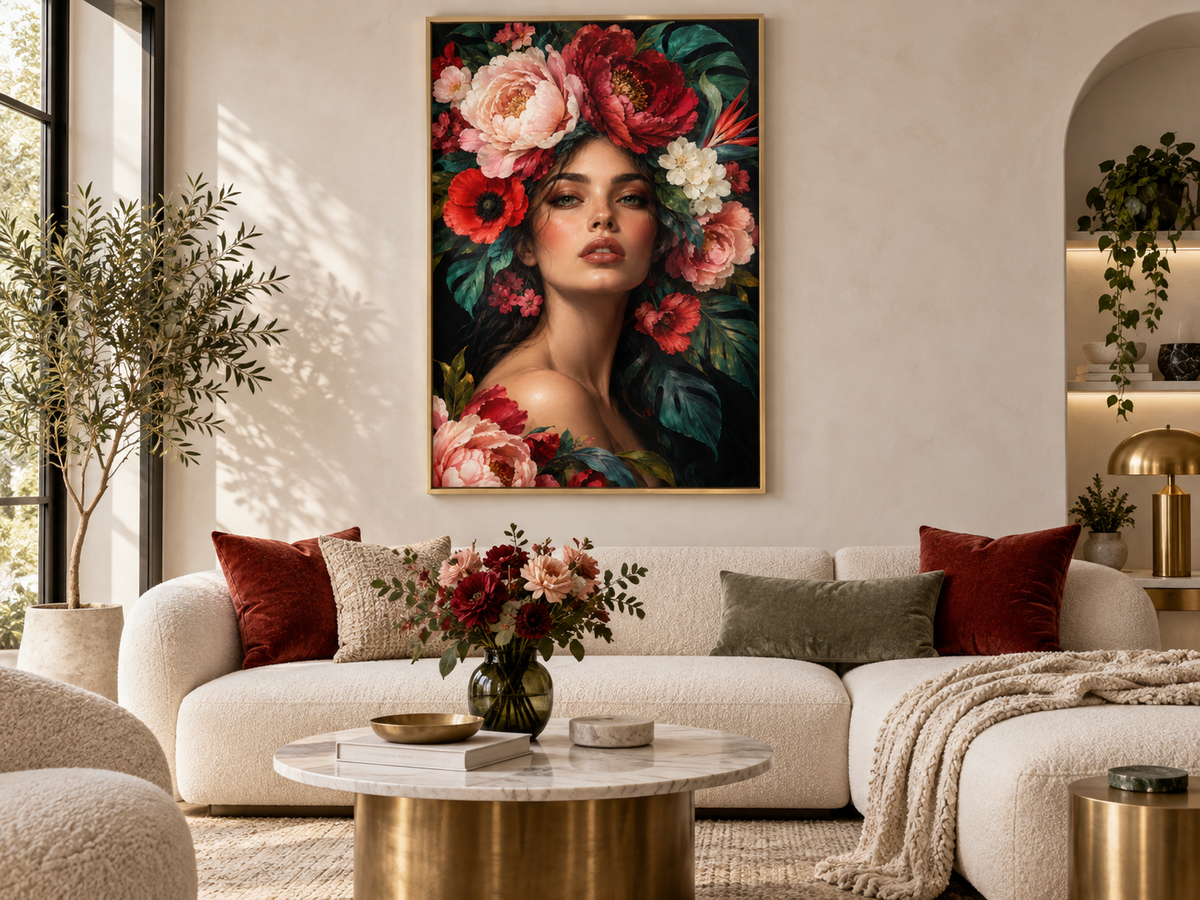 Quadro Mulher com Flores Vermelhas e Rosadas