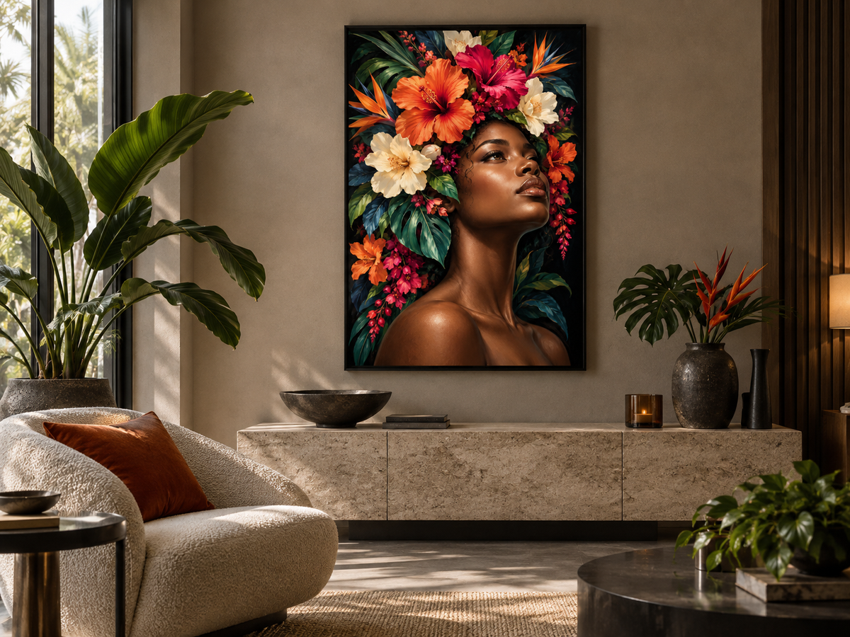 Quadro Mulher com Hibiscos Tropicais