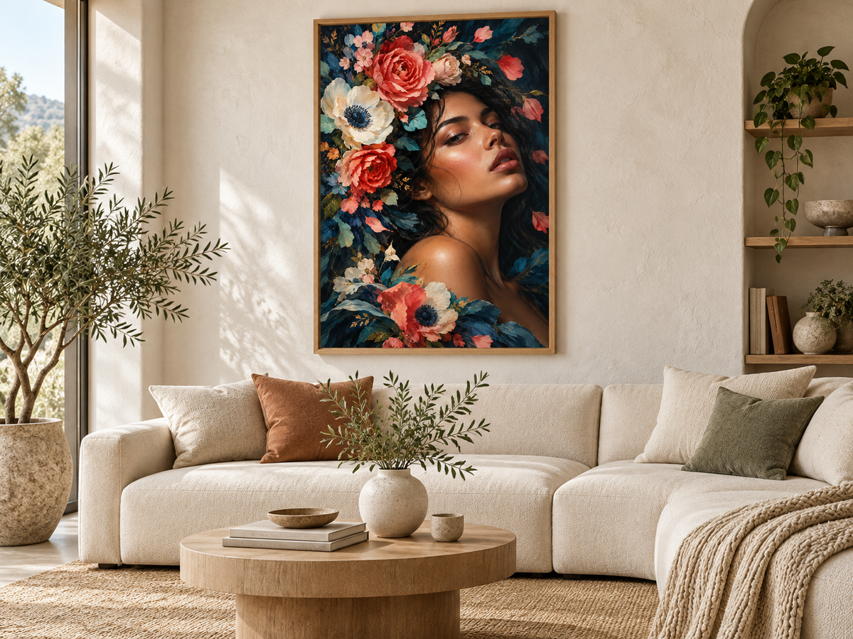 Quadro Mulher entre Flores Coral e Azul
