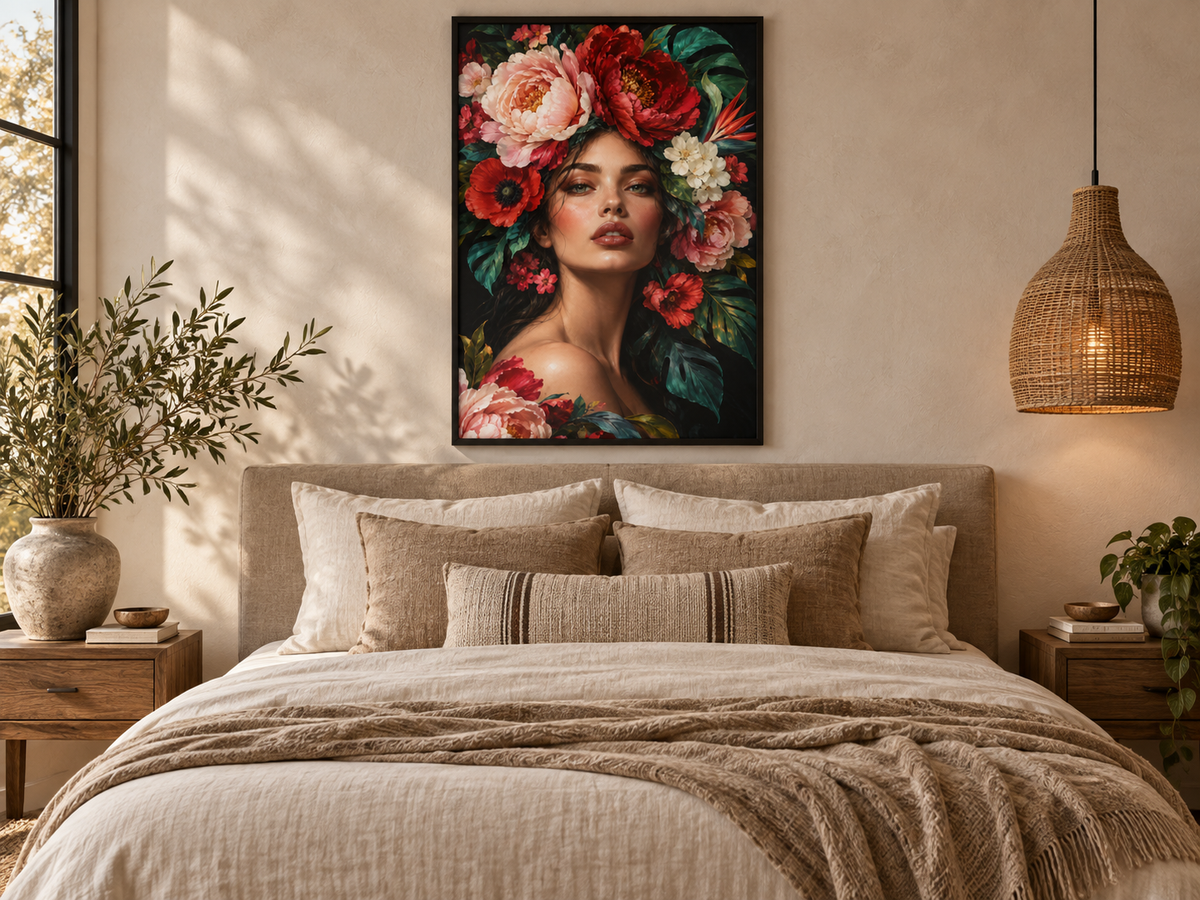 Quadro Mulher com Flores Vermelhas e Rosadas