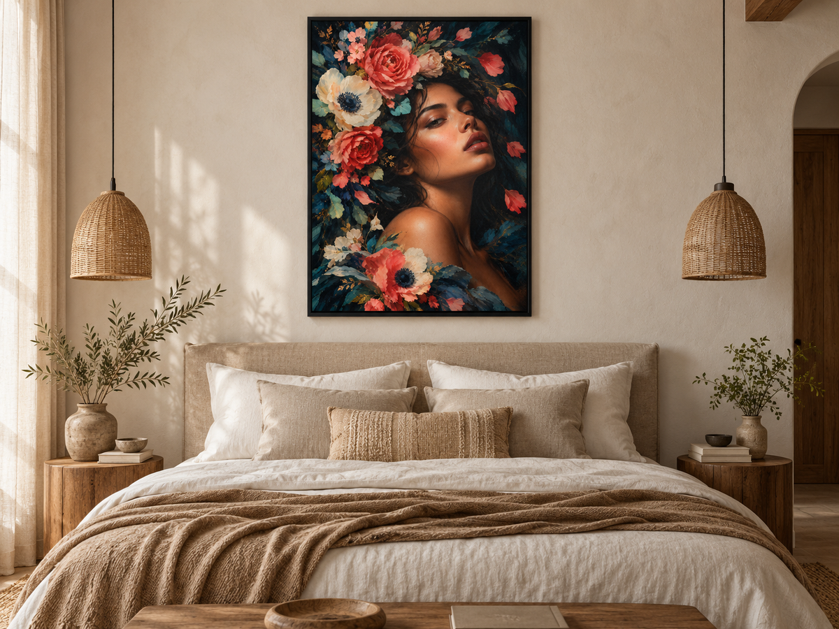 Quadro Mulher entre Flores Coral e Azul