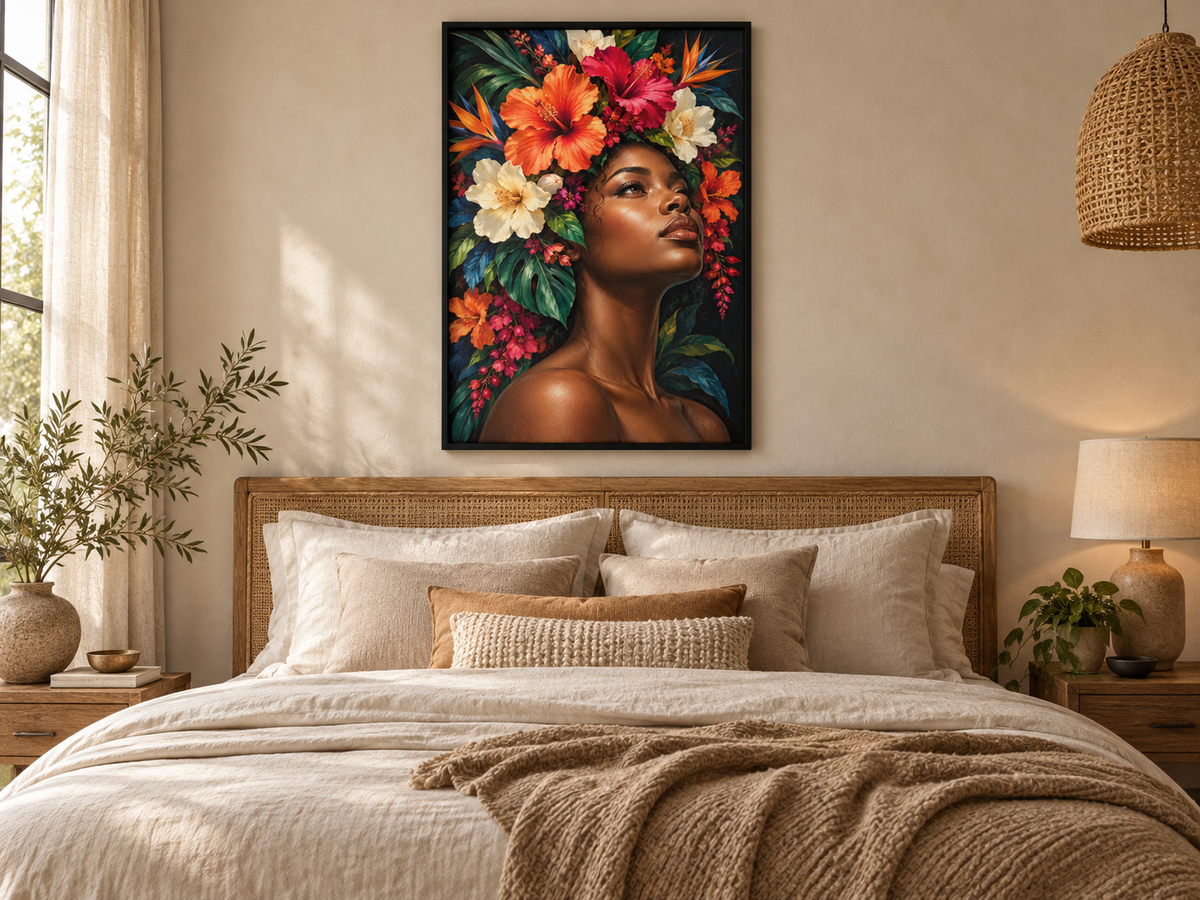 Quadro Mulher com Hibiscos Tropicais