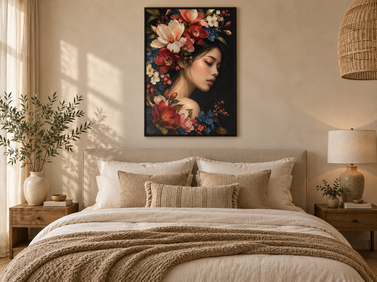 Quadro Mulher com Flores Vermelhas e Azuis