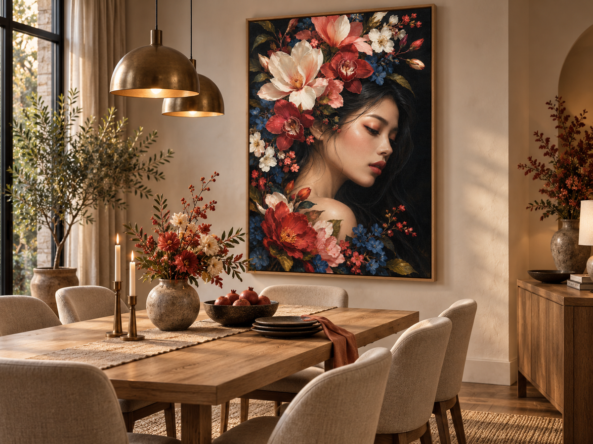 Quadro Mulher com Flores Vermelhas e Azuis