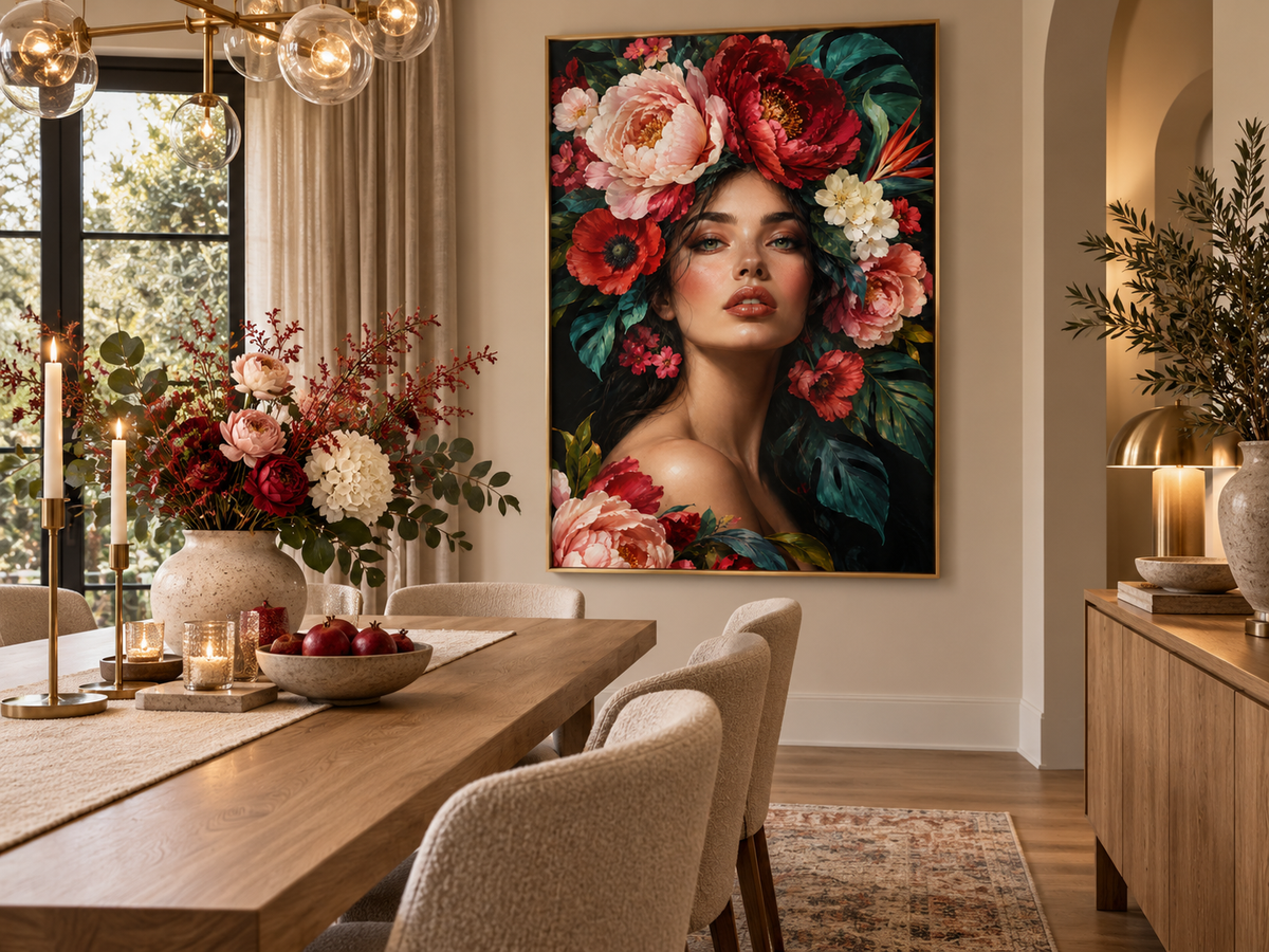 Quadro Mulher com Flores Vermelhas e Rosadas