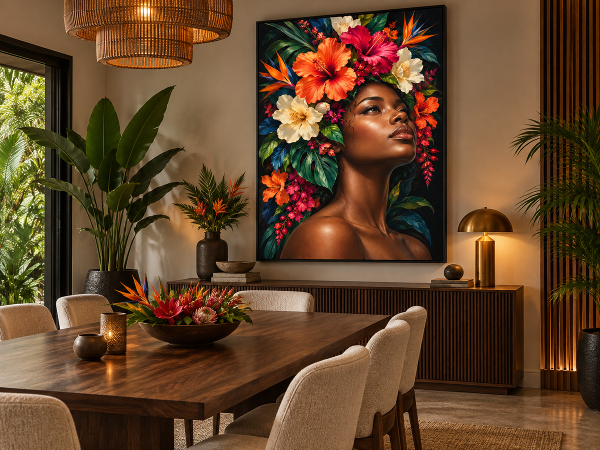 Quadro Mulher com Hibiscos Tropicais